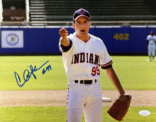 Charlie Sheen Inscription "#99" Blue Major League 11x14 JSA Witnessed