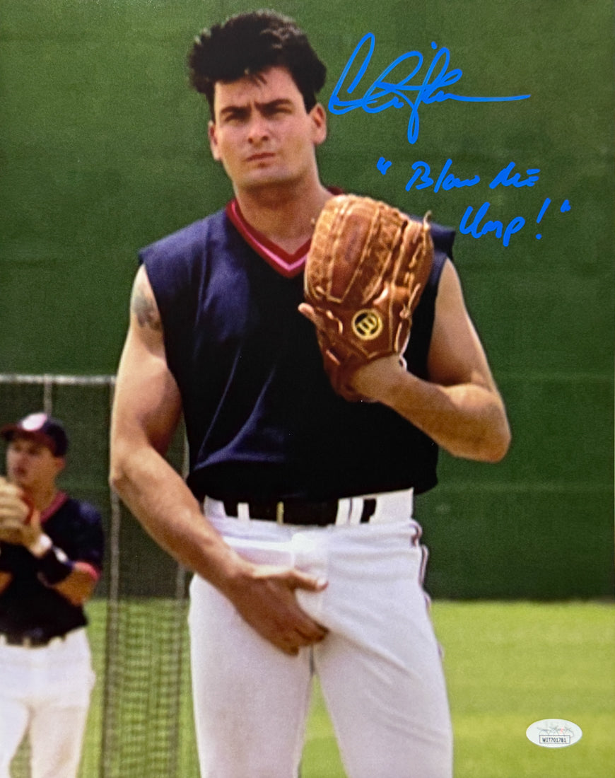 Charlie Sheen rare movie Quote "Blow Me Ump!" Major League 11x14 JSA Witnessed