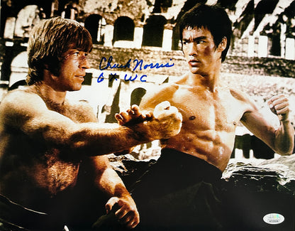 Chuck Norris with extremely rare inscription "6x World Champ" signed 11x14 Way of the Dragon Bruce Lee -  JSA Certified