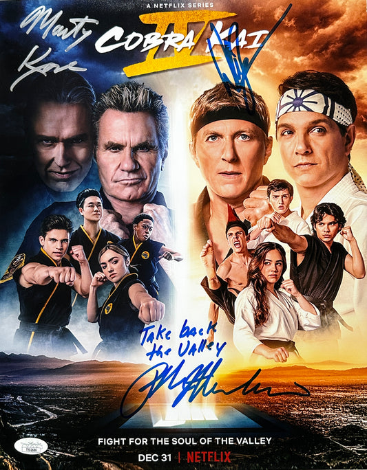 Ralph Macchio, Billy Zapka & Martin Kove Cobra Kai "Take Back the Valley" Poster JSA Authenticated Signed 11x14