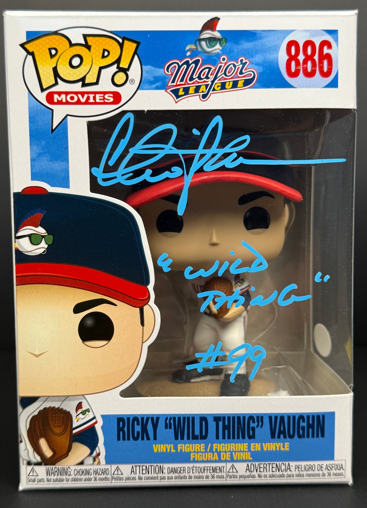 Charlie Sheen RIckey Vaughn Funko POP Major League inscribed "Wild Thing #99" Blue Ink JSA Witnessed Authentication