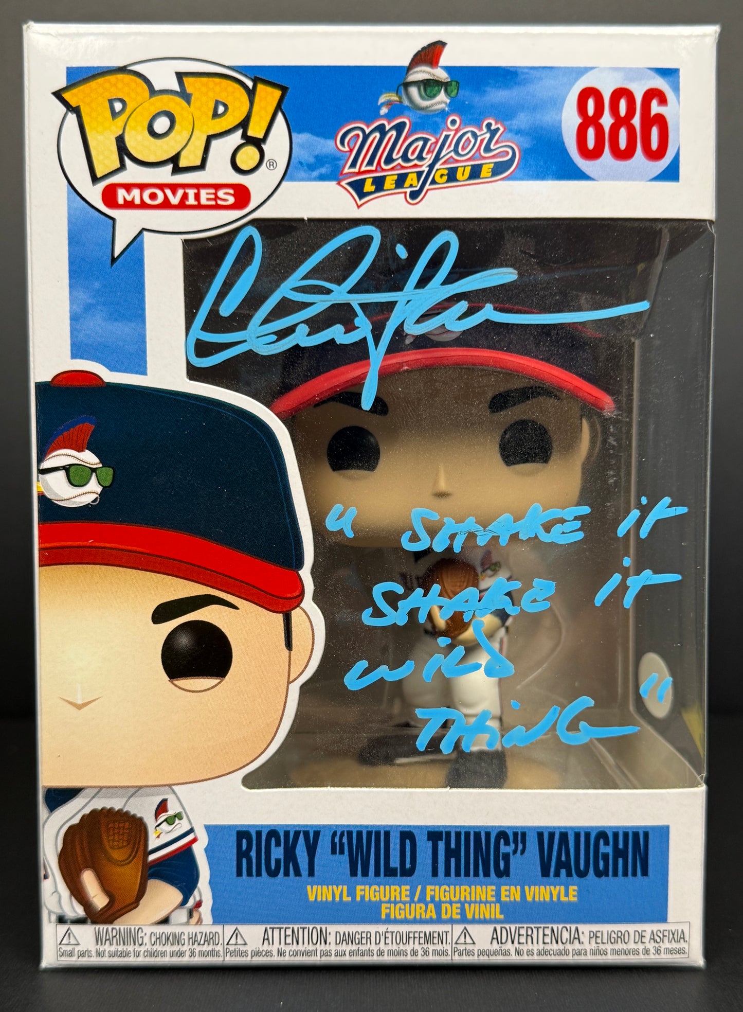 Charlie Sheen RIckey Vaughn Major League Funko POP inscribed "Shake it Shake it Wild Thing" Blue Ink JSA Witnessed Authentication