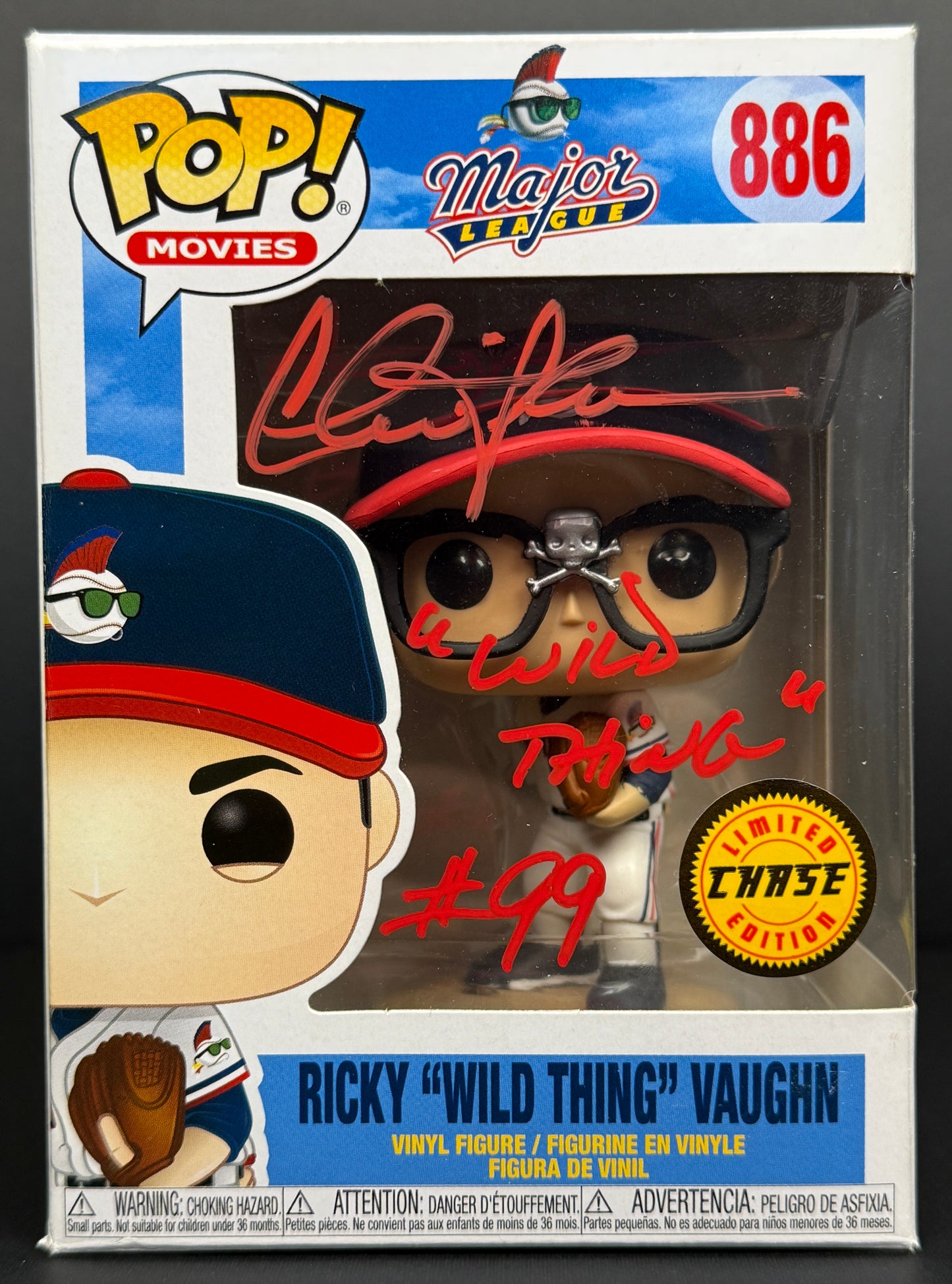 Charlie Sheen CHASE Rickey Vaughn Major League Funko POP! Inscribed "Wild Thing #99" Red Ink - JSA Witessed Authentication