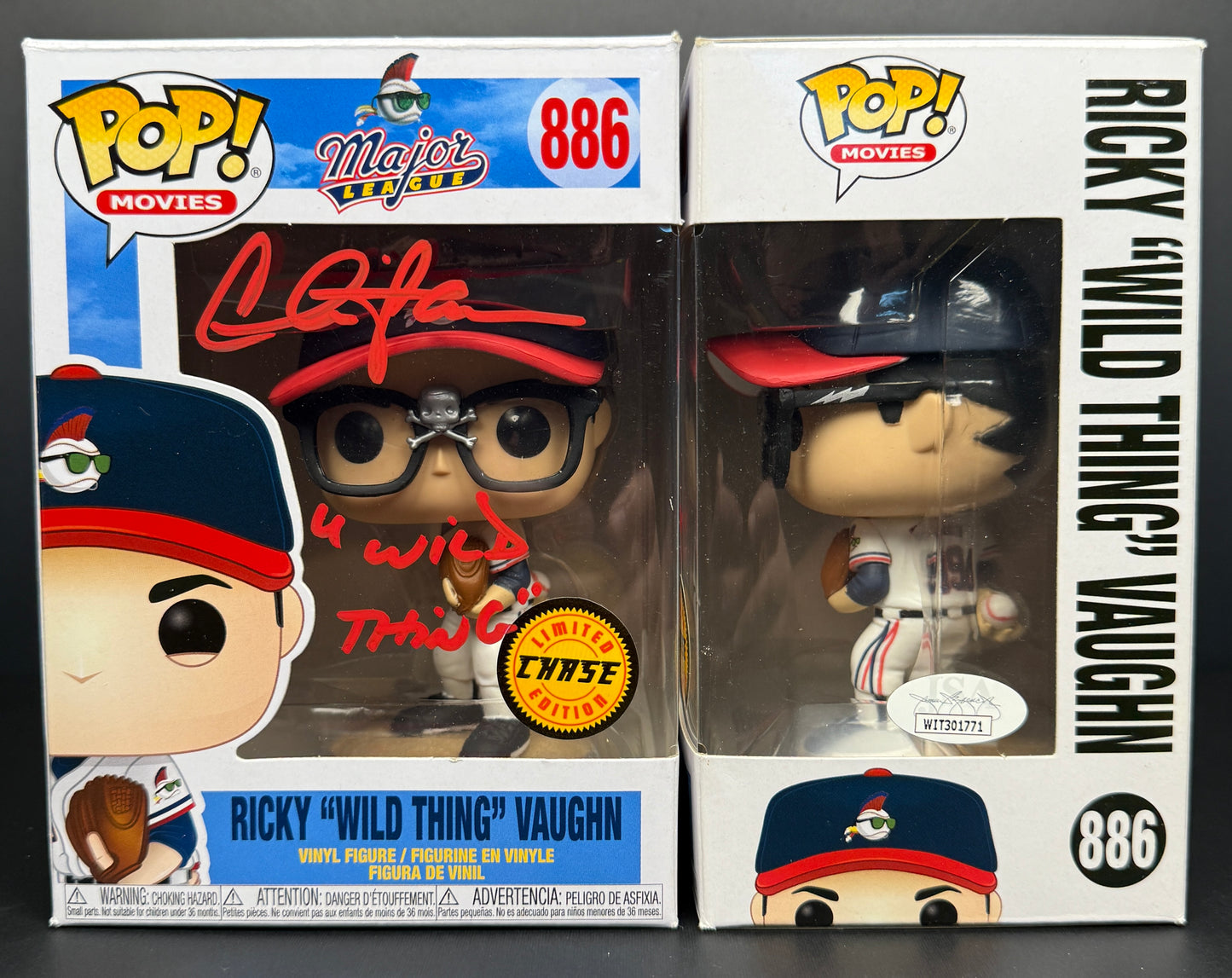 Charlie Sheen CHASE Rickey Vaughn Major League Funko POP! Inscribed "Wild Thing" Red Ink - JSA Witessed Authentication