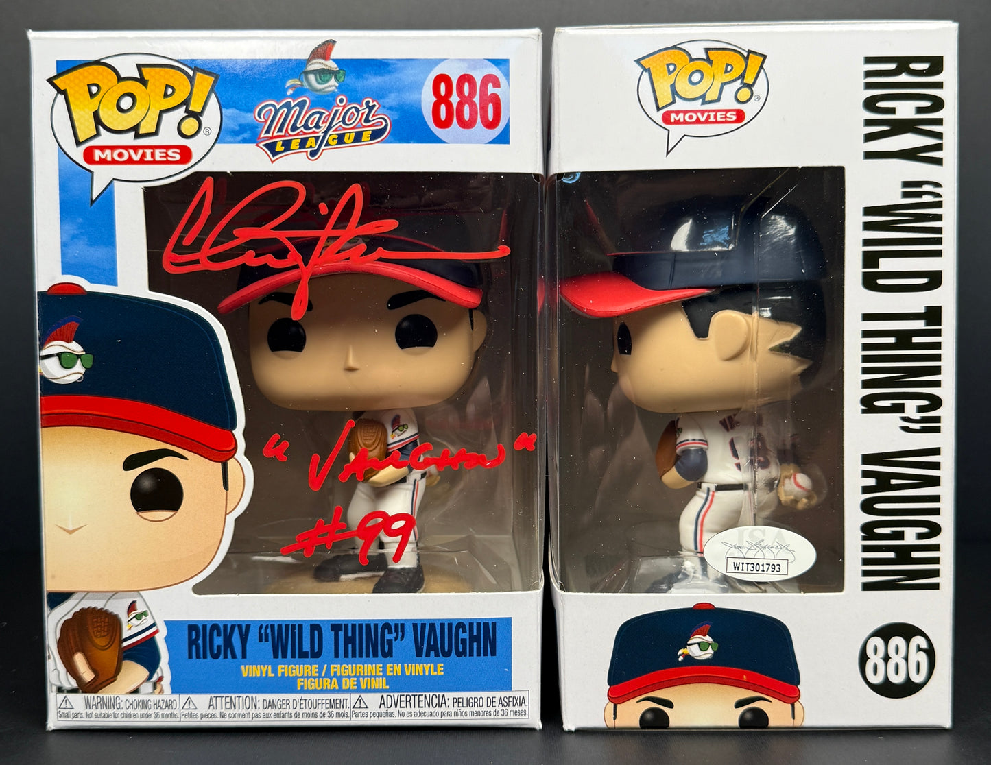 Charlie Sheen RIckey Vaughn Major League Funko POP inscribed "Wild Thing #99" Red Ink JSA Witnessed Authentication