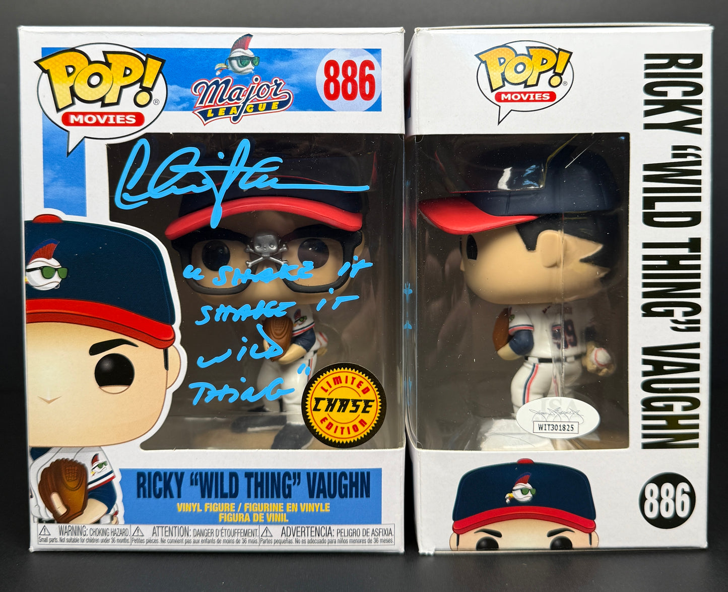 Charlie Sheen CHASE Rickey Vaughn Major League Funko POP! Inscribed "Shake it shake it Wild Thing" Blue Ink - JSA Witessed Authentication