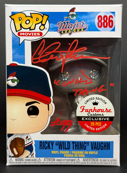 Charlie Sheen Funkhouse Customs "Wild Thing #99" inscription Rickey Vaughn Major League Funko POP!  Red Ink - JSA Witessed Authentication