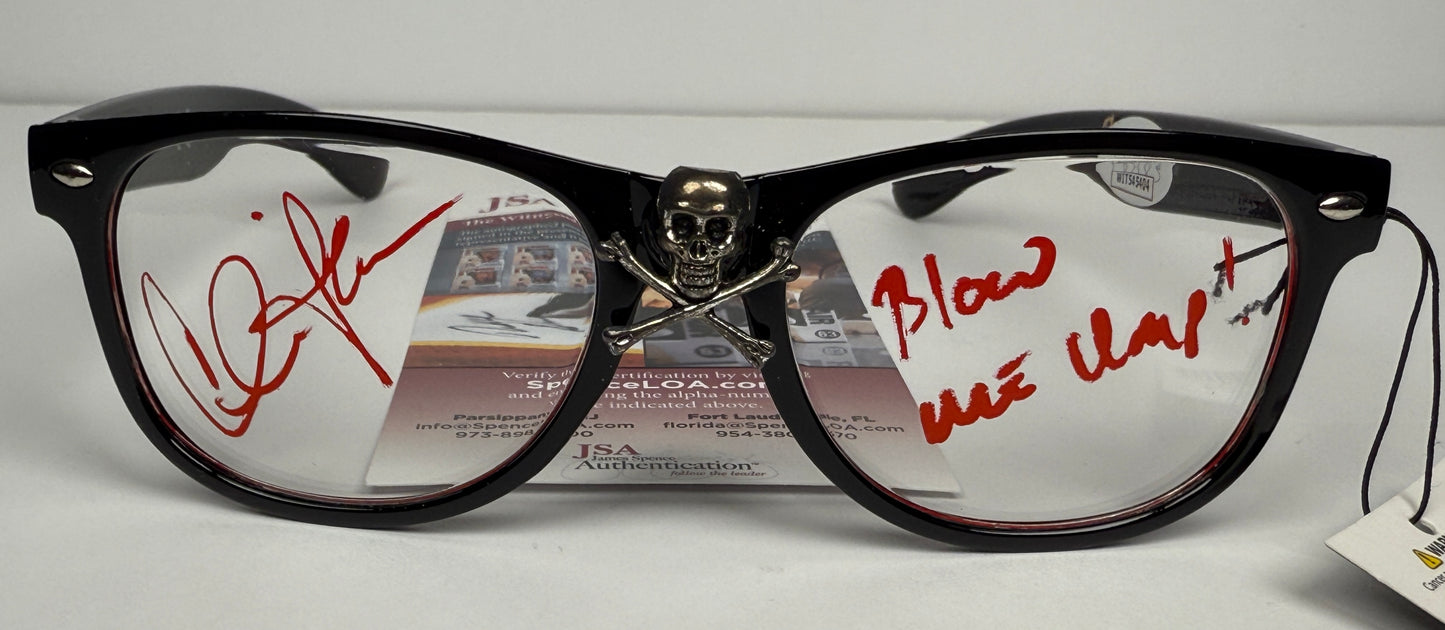 Charlie Sheen "Blow Me Ump" inscription Red ink Skull & Crossbones glasses signed Major League - JSA Witnessed Authenticate