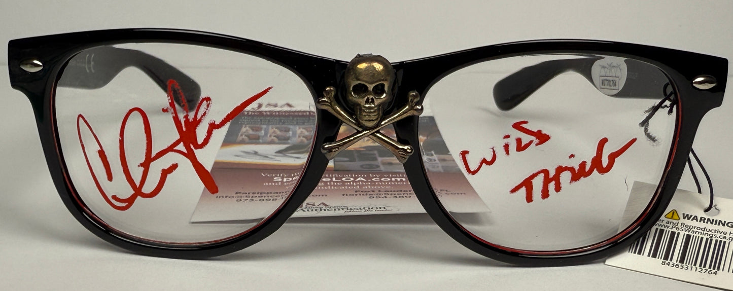 Charlie Sheen "Wild Thing" inscription Skull & Crossbones glasses signed Major League - JSA Witnessed Authenticated