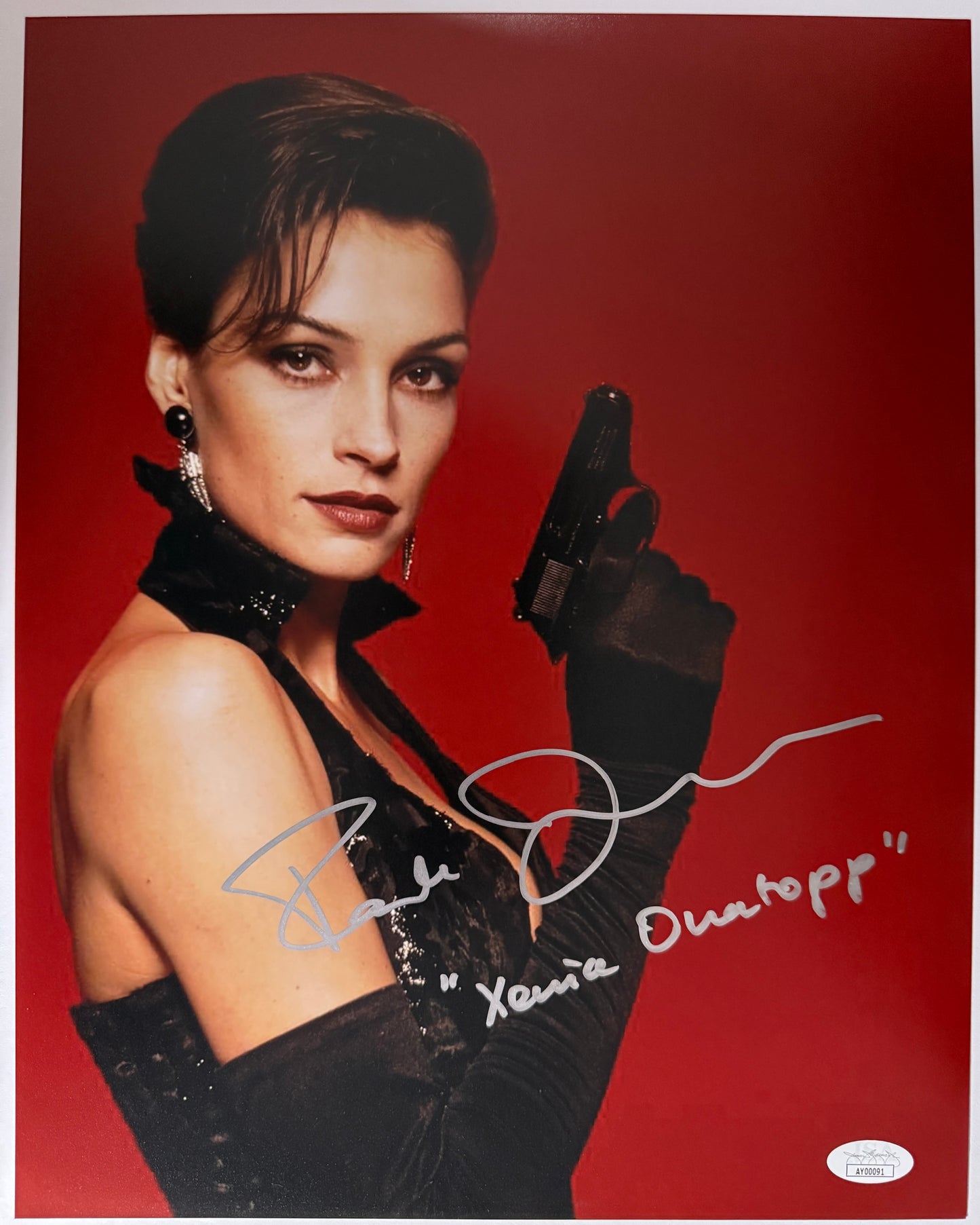 Famke Janssen GoldenEye "Xenia Onatopp" FULL character name signed 11x14 - JSA Authenticated