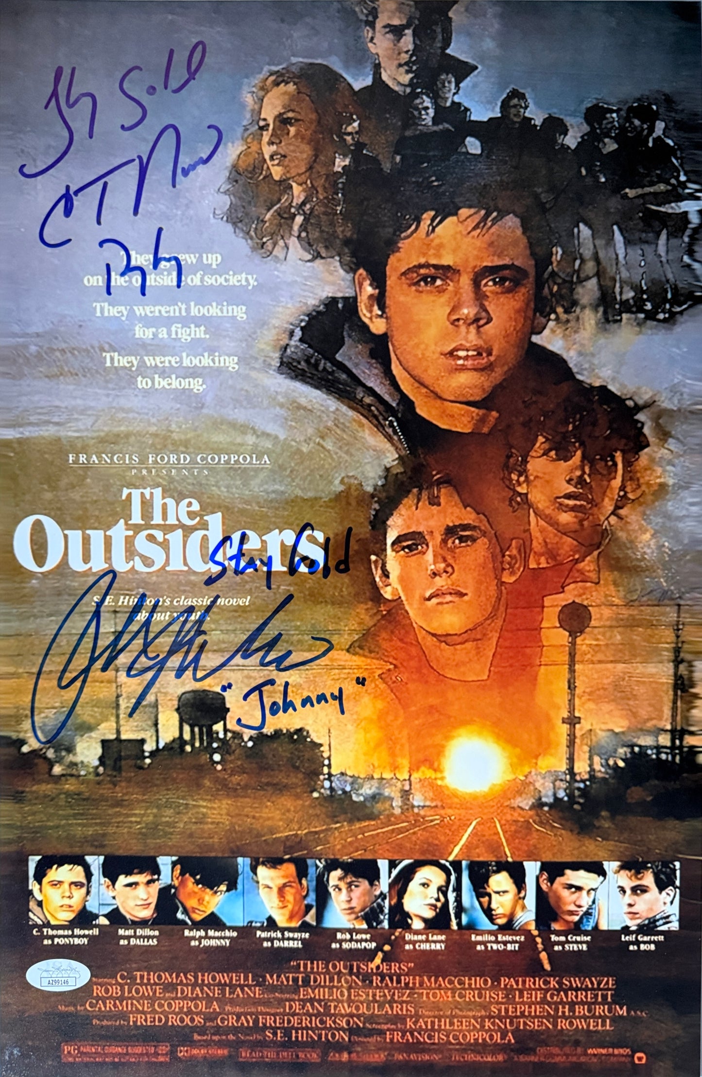 Ralph Macchio & C. Thomas Howell "Stay Gold" dual inscription & Character name The Outsiders signed 11x17 - JSA Authenticated