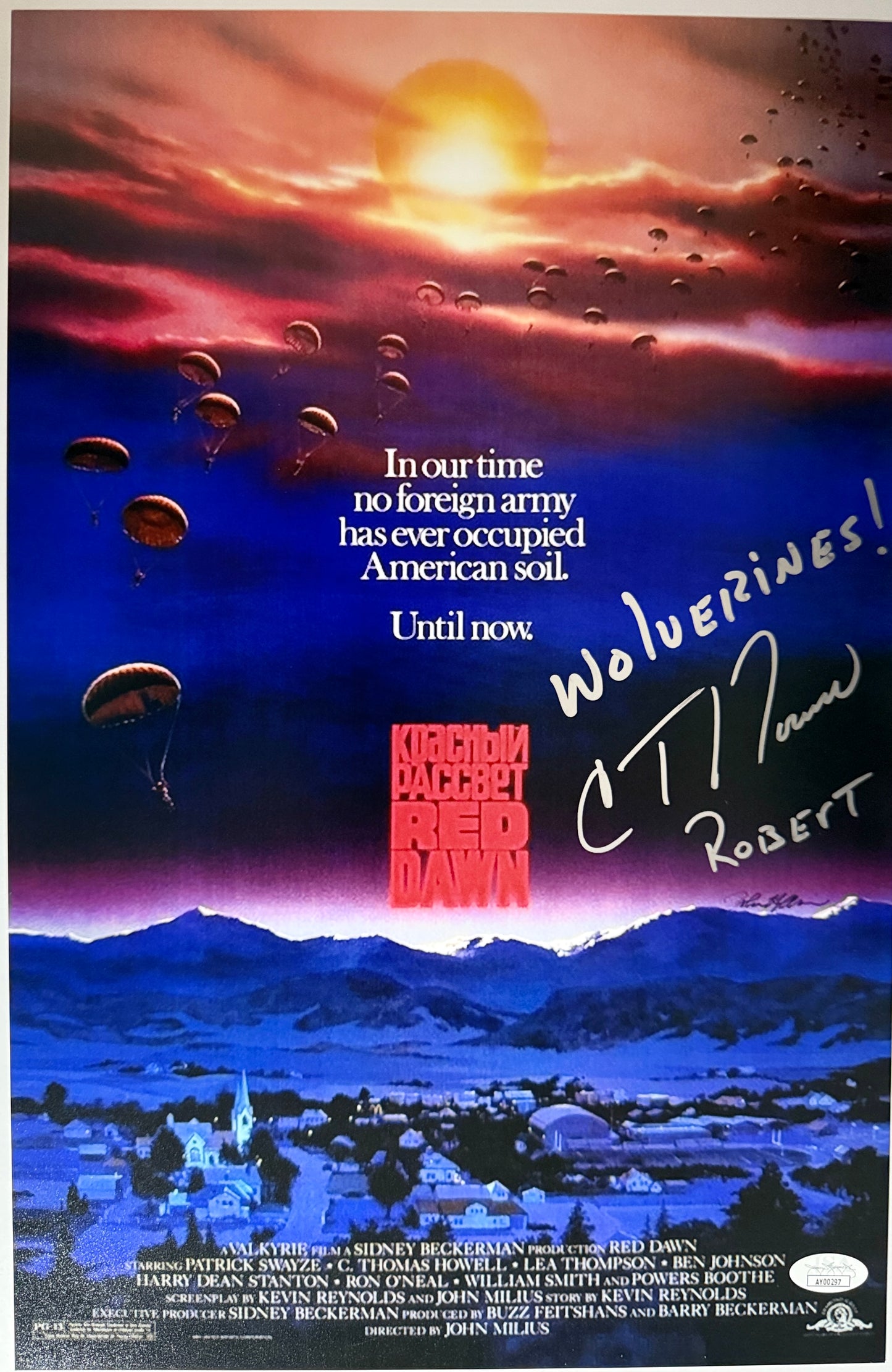 C. Thomas Howell "Wolverines!" inscription & Character name Red Dawn movie poster signed 11x17 - JSA Authenticated