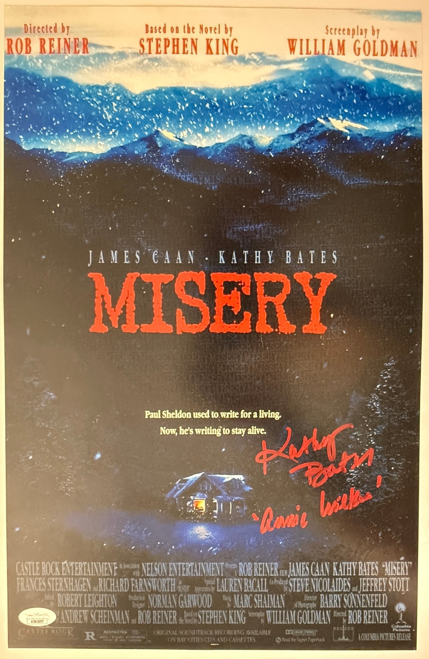 Kathy Bates Signed Inscribed "Annie Wilkes" red ink 11x17 Misery Poster JSA Authenticated Signed