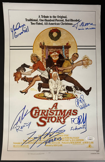 A Christmas Story cast signed Peter Billingsley, Scott Schwartz, Zack Ward, Ian Petrella, Yano Anaya, Tedde Moore 11x17 Poster JSA Authenticated