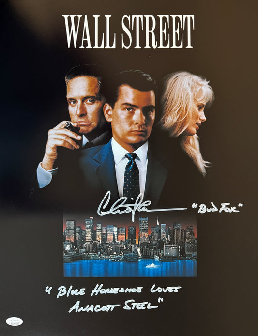 Charlie Sheen signed 16x20 "Blue Horseshoe Loves Annacot Steel" inscription Wall Street Movie Poster JSA Witnessed