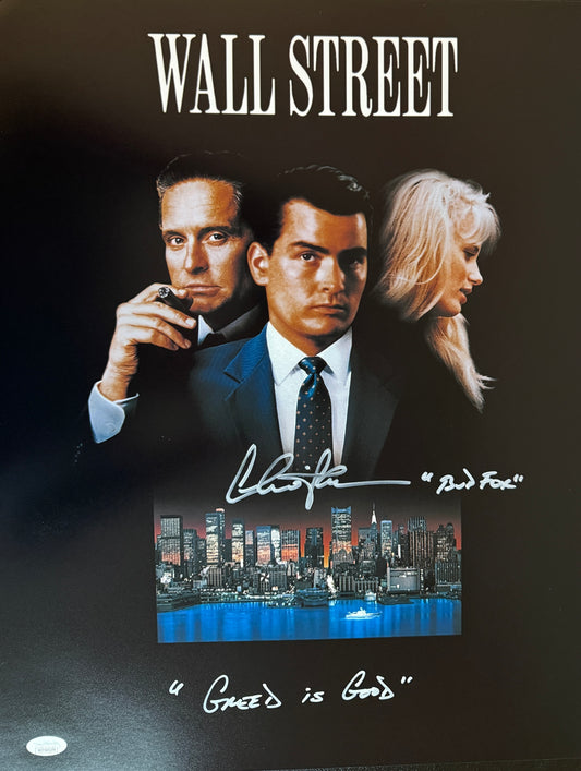 Charlie Sheen signed 16x20 "Greed is Good" inscription Wall Street Movie Poster JSA Witnessed