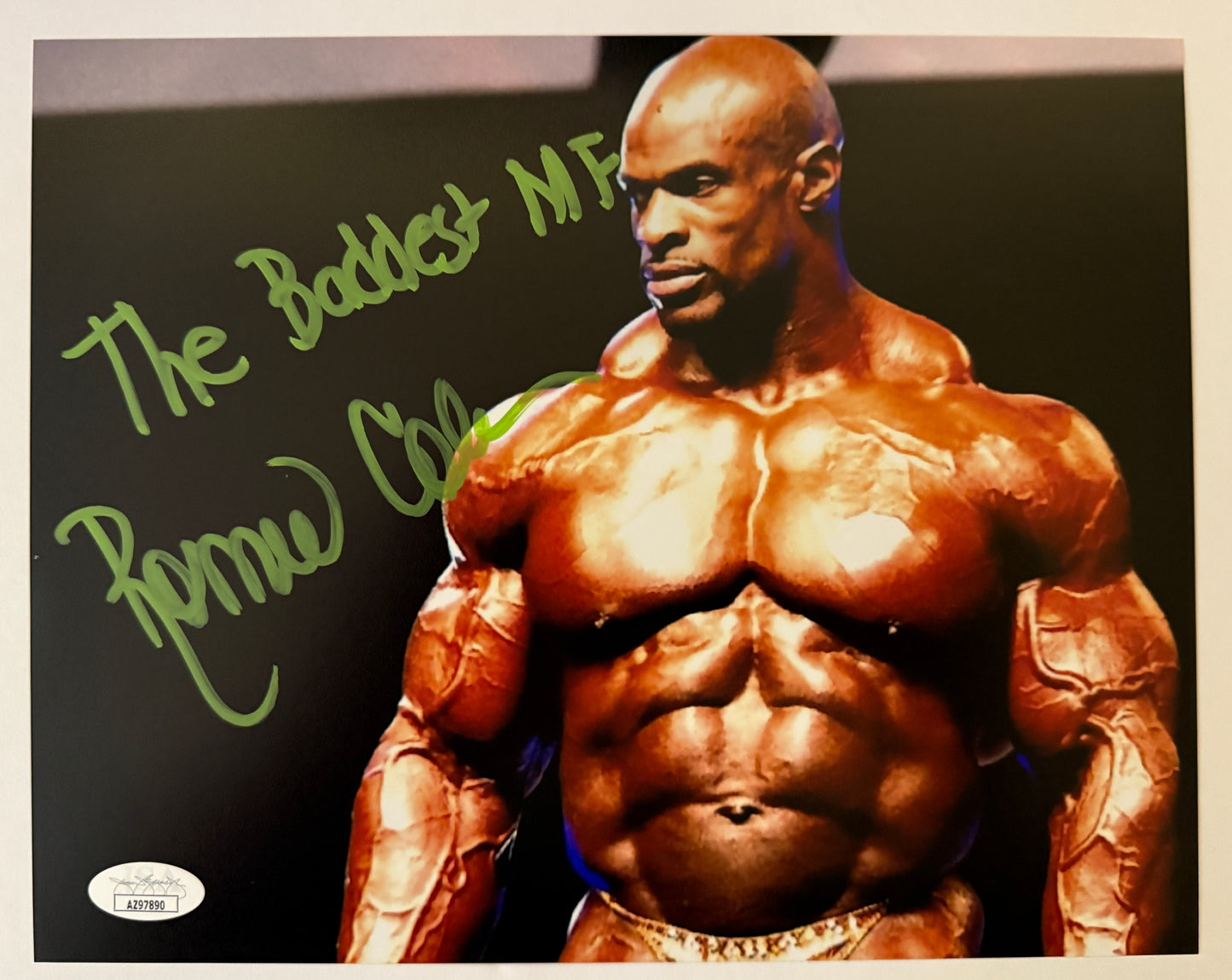 Ronnie Coleman "The Baddest MF" inscription signed 8x10 - JSA Authenticated