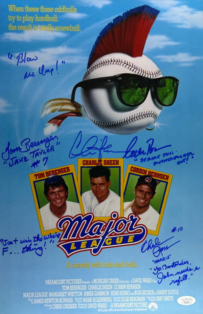 Charlie Sheen Corbin Bernsen Tom Berenger Chelcie Ross Major League "Blow me Ump!" 4 quotes! Blue ink JSA Authenticated Signed 11x17 Poster