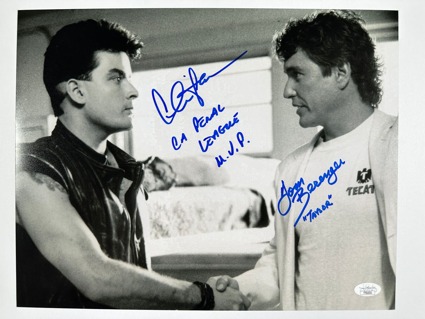 Charlie Sheen & Tom Berenger Signed 11x14 Major League "CA Penal League MVP" JSA Authenticated