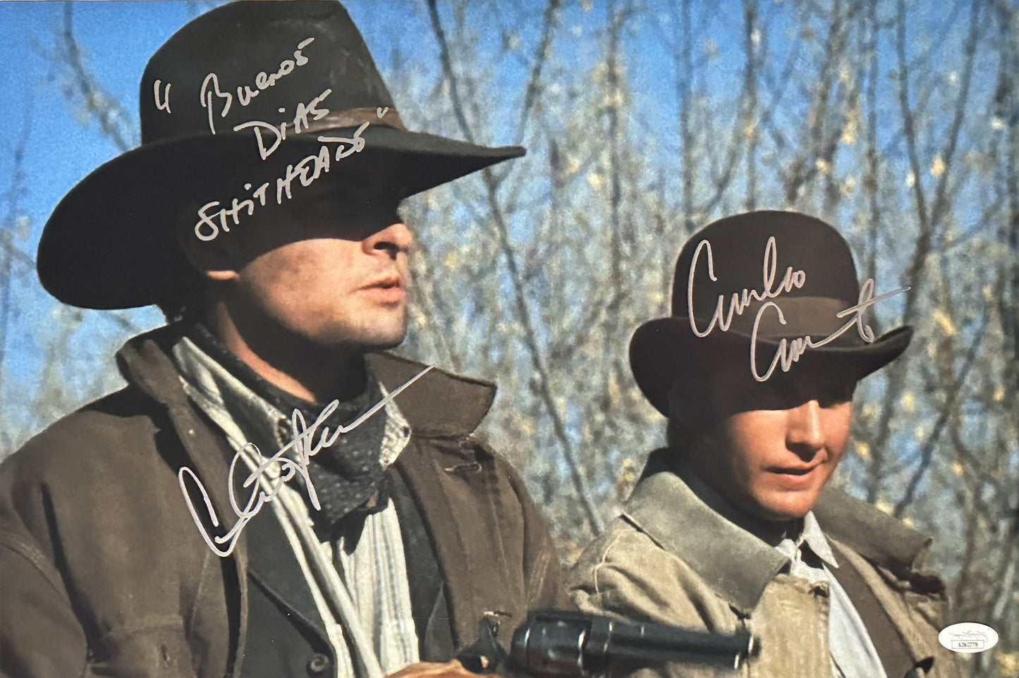 Charlie Sheen & Emilio Estevez dual auto with Rare Movie Quote "Buenos Diaz Shitheads" Young Guns 12x18 JSA Witnessed