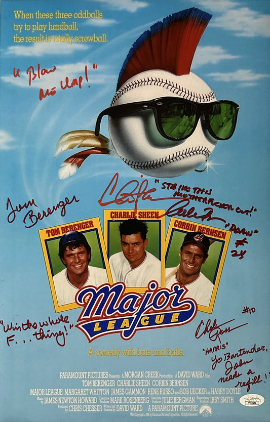 Charlie Sheen Corbin Bernsen Tom Berenger Chelcie Ross Major League "Blow me Ump!" 4 quotes! Red ink JSA Authenticated Signed 11x17