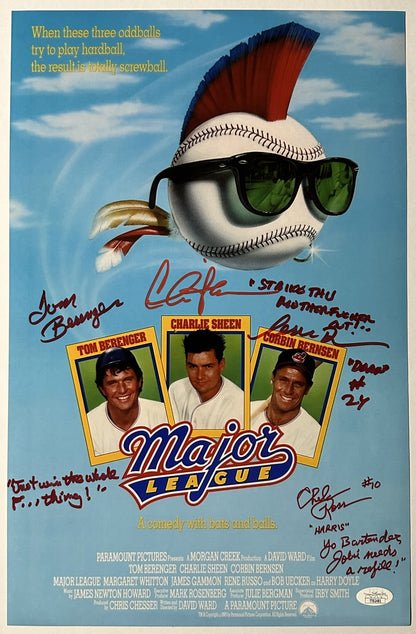 Charlie Sheen Corbin Bernsen Tom Berenger Chelcie Ross Major League "Strike that mother fucker out!" 3 quotes! Red ink JSA Authenticated Signed 11x17 Poster