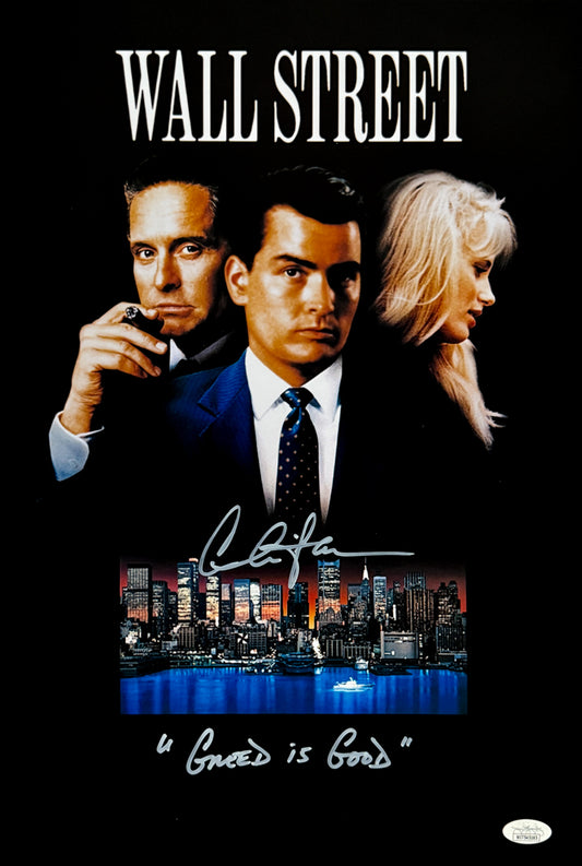 Charlie Sheen with rare "Greed is Good" Movie Quote Wall Street 12x18 Movie Poster  JSA Witnessed