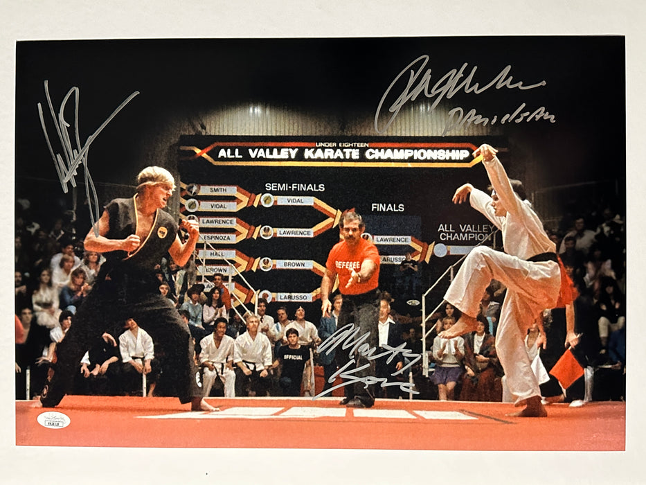 Signed 12x18 Ralph Macchio, Billy Zapka & Martin Kove Karate Kid "Danielsan" JSA Authenticated