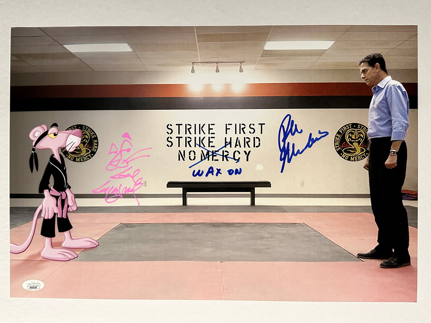 Ralph Macchio & Guy Gilchrist Cobra Kai "Wax On" Pink Panther Muppets Mashup JSA Authenticated Signed 12x18