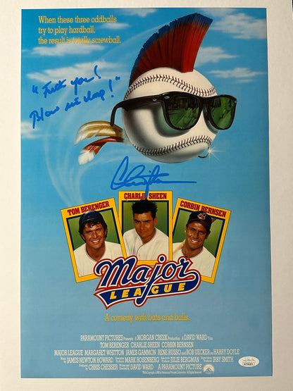 Charlie Sheen Major League "Fuck you! Blow me Ump!" Poster JSA Authenticated Signed 12x18