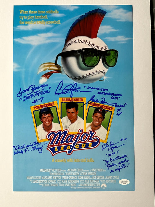 Charlie Sheen Corbin Bernsen Tom Berenger Chelcie Ross Major League "Strike that mother fucker out!" 3 quotes! Blue ink JSA Authenticated Signed 11x17