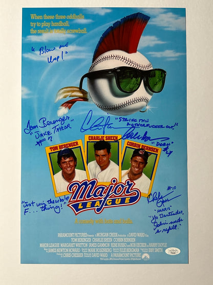 Charlie Sheen Corbin Bernsen Tom Berenger Chelcie Ross Major League "Blow me Ump!" 4 quotes! Blue ink JSA Authenticated Signed 11x17