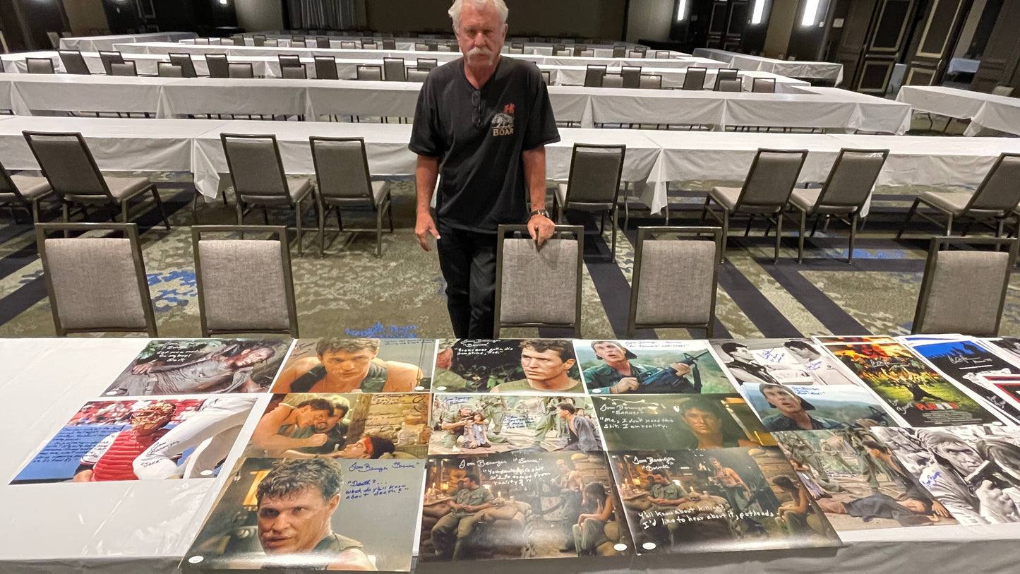 Tom Berenger with rare movie quote & character name "Yo! Saddle Up! Lock & Load!" Platoon 11x17 JSA Certified