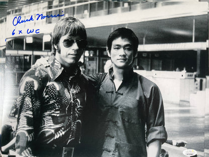 Chuck Norris with extremely rare inscription "6x World Champ" signed 11x14 Black & White Bruce Lee -  JSA Certified