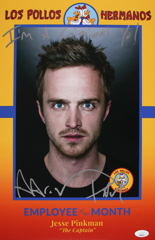 Aaron Paul 11x17 with rare quote "I'm a Criminal, Yo!" Breaking Bad Employee of the Month  JSA RR28079