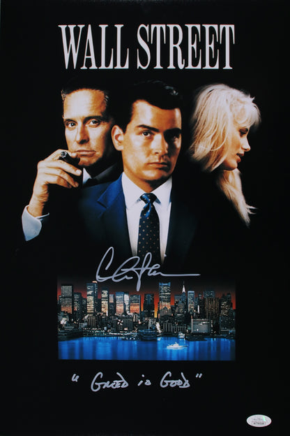 Charlie Sheen with rare "Greed is Good" Movie Quote Wall Street 12x18 Movie Poster  JSA Witnessed