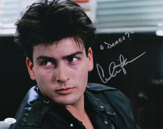 Charlie Sheen rare Inscription "Drugs?" Ferris Bueller's Day Off 11x14 JSA Witnessed