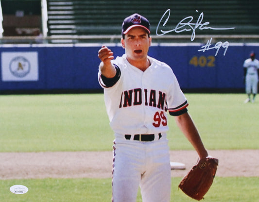 Charlie Sheen Inscription "#99" Silver Major League 11x14 JSA Witnessed