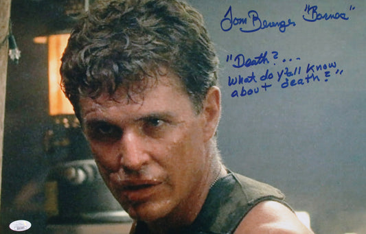 Tom Berenger with rare movie quote & character name "Death? What do you all know about death?" Platoon 11x17 JSA Certified