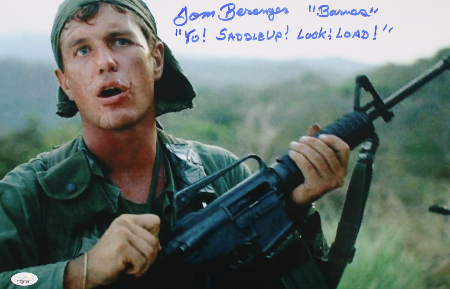 Tom Berenger with rare movie quote & character name "Yo! Saddle Up! Lock & Load!" Platoon 11x17 JSA Certified