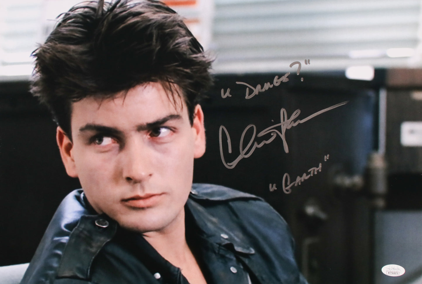 Charlie Sheen rare Inscription & Character Name "Drugs? Garth" Ferris Bueller's Day Off 12x18 JSA Witnessed